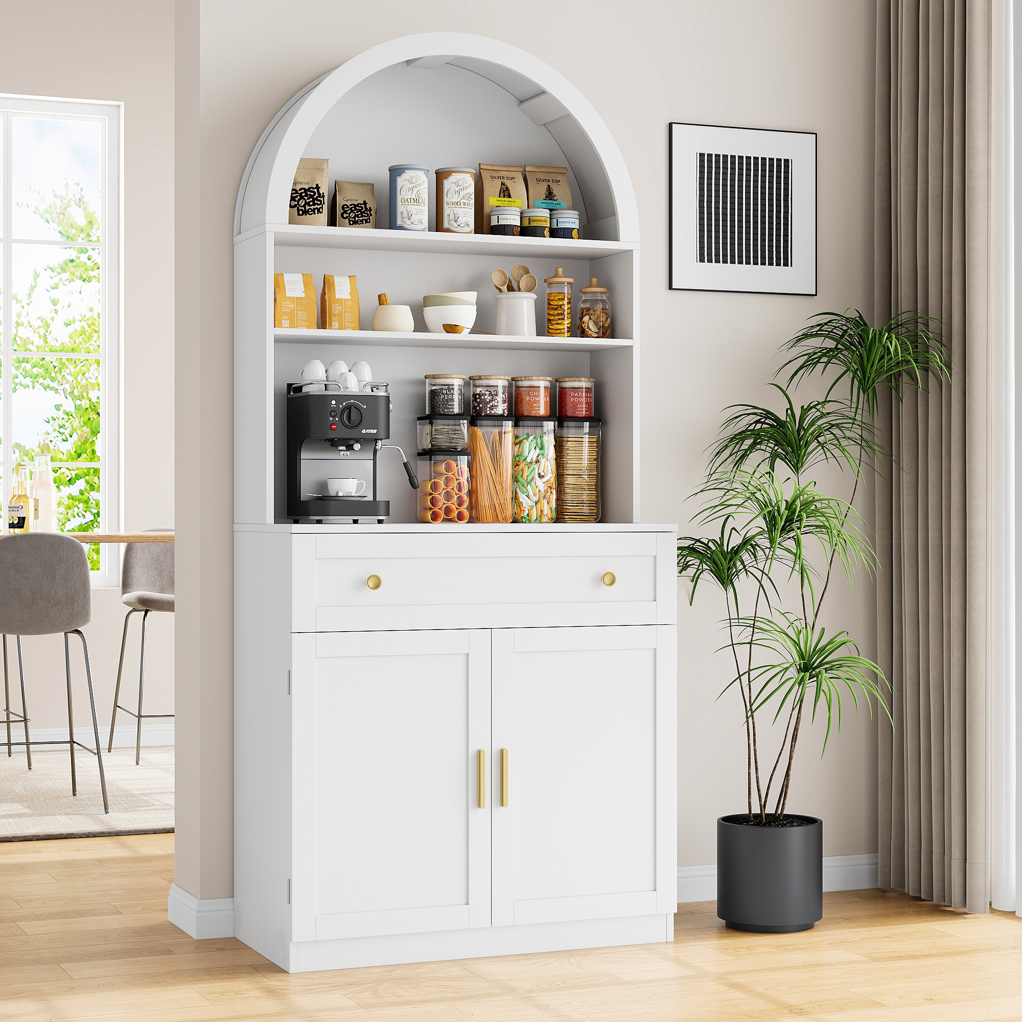 Ebern Designs 70" Tall Arched Kitchen Pantry, Modern Kitchen Storage ...